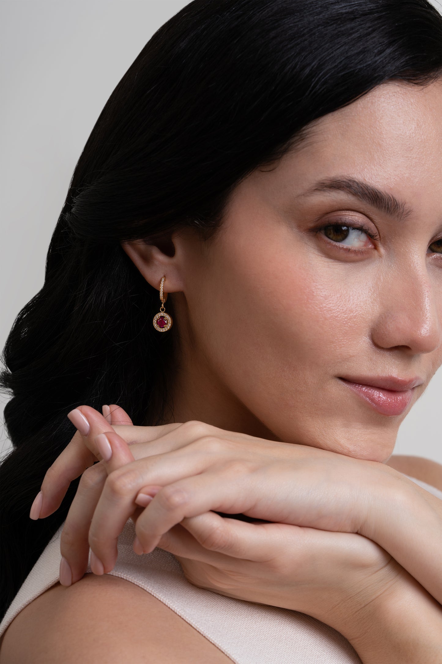 Ruby Circle Diamond Huggies - 18K Gold Plated