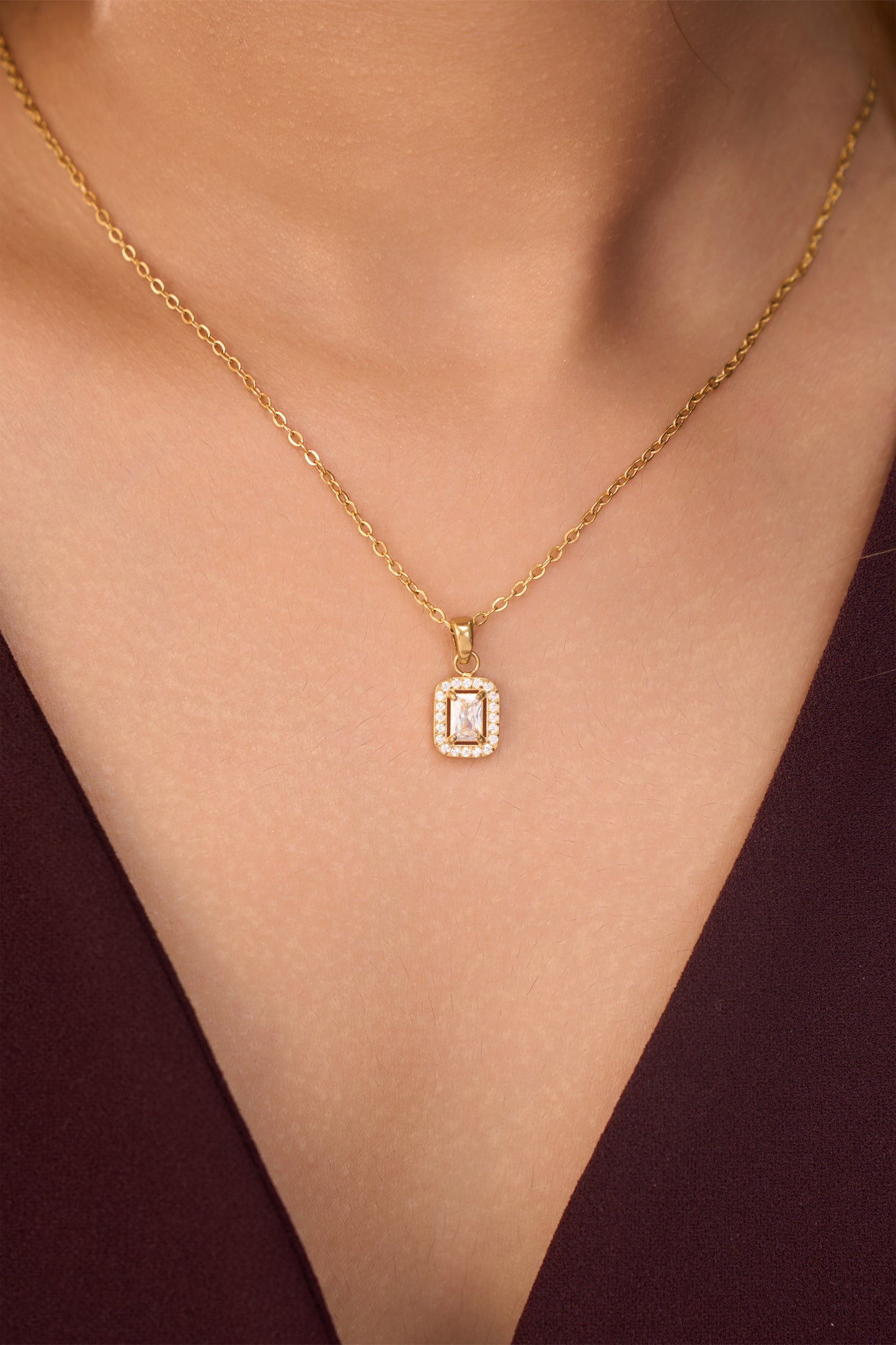 Rectangle Halo Diamond Necklace- 18K Gold Plated
