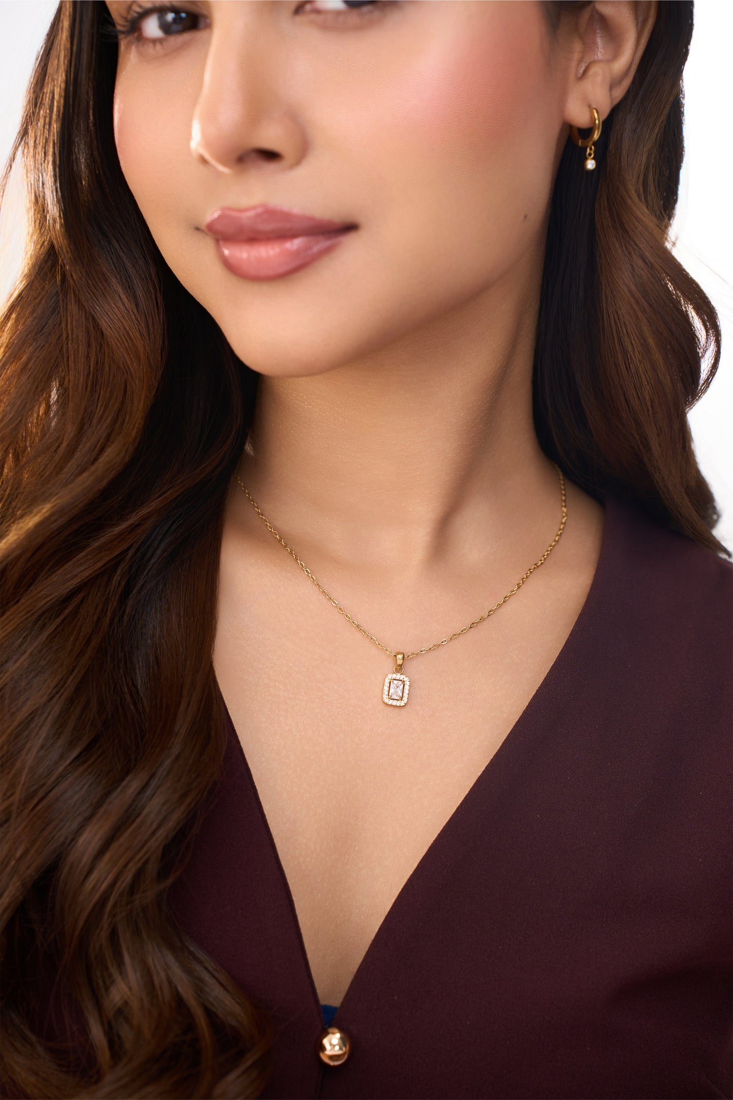 Rectangle Halo Diamond Necklace- 18K Gold Plated