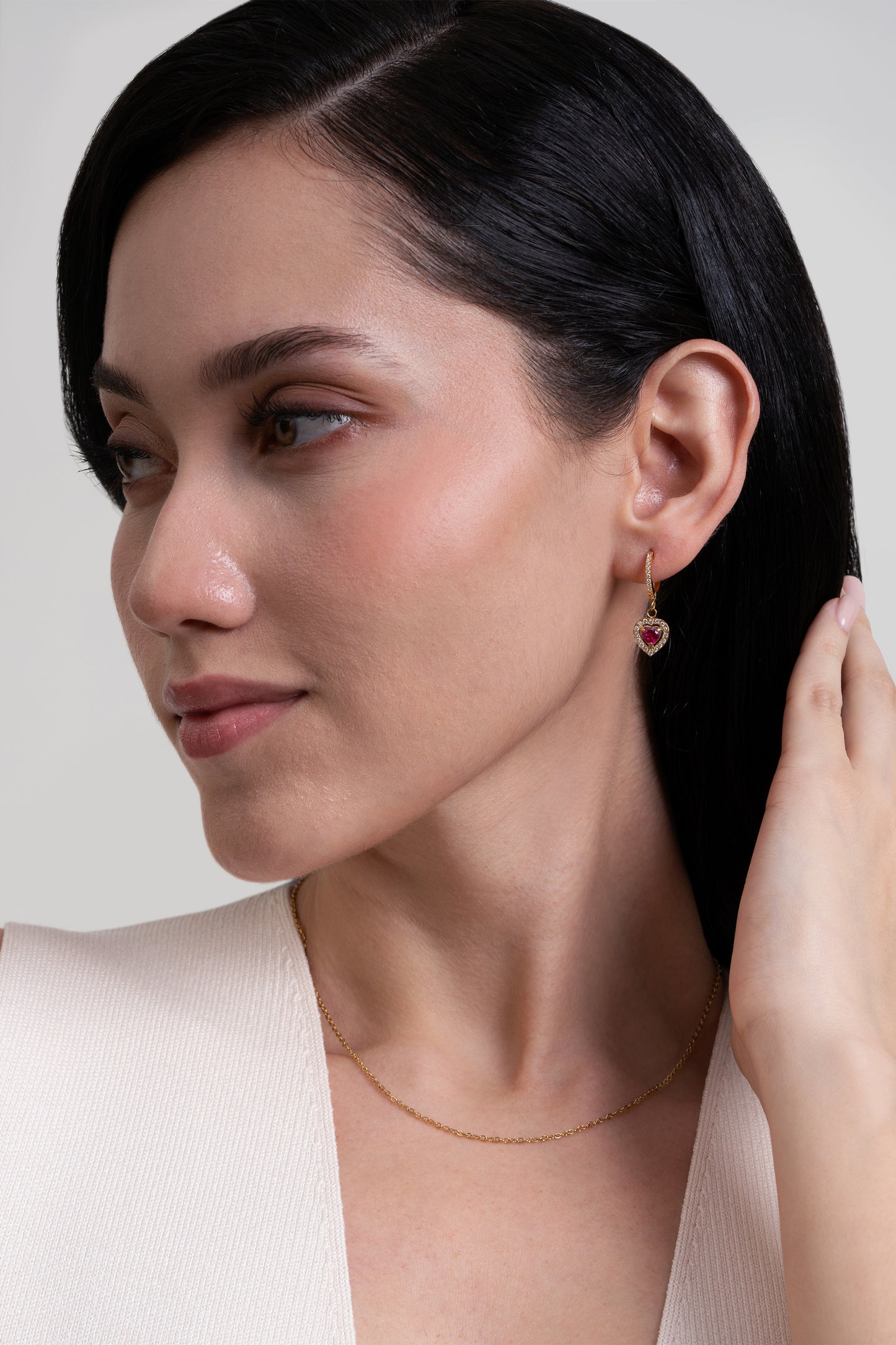 Ruby Heart Diamond Huggies - 18K Gold Plated