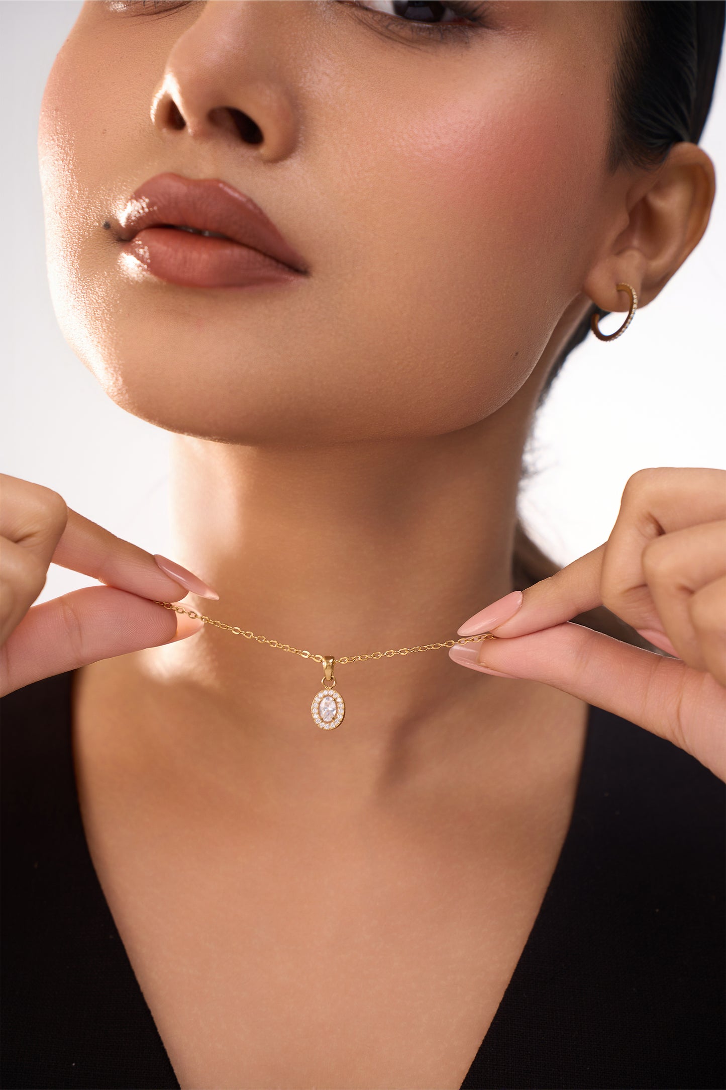 Oval Halo Diamond Necklace- 18K Gold Plated