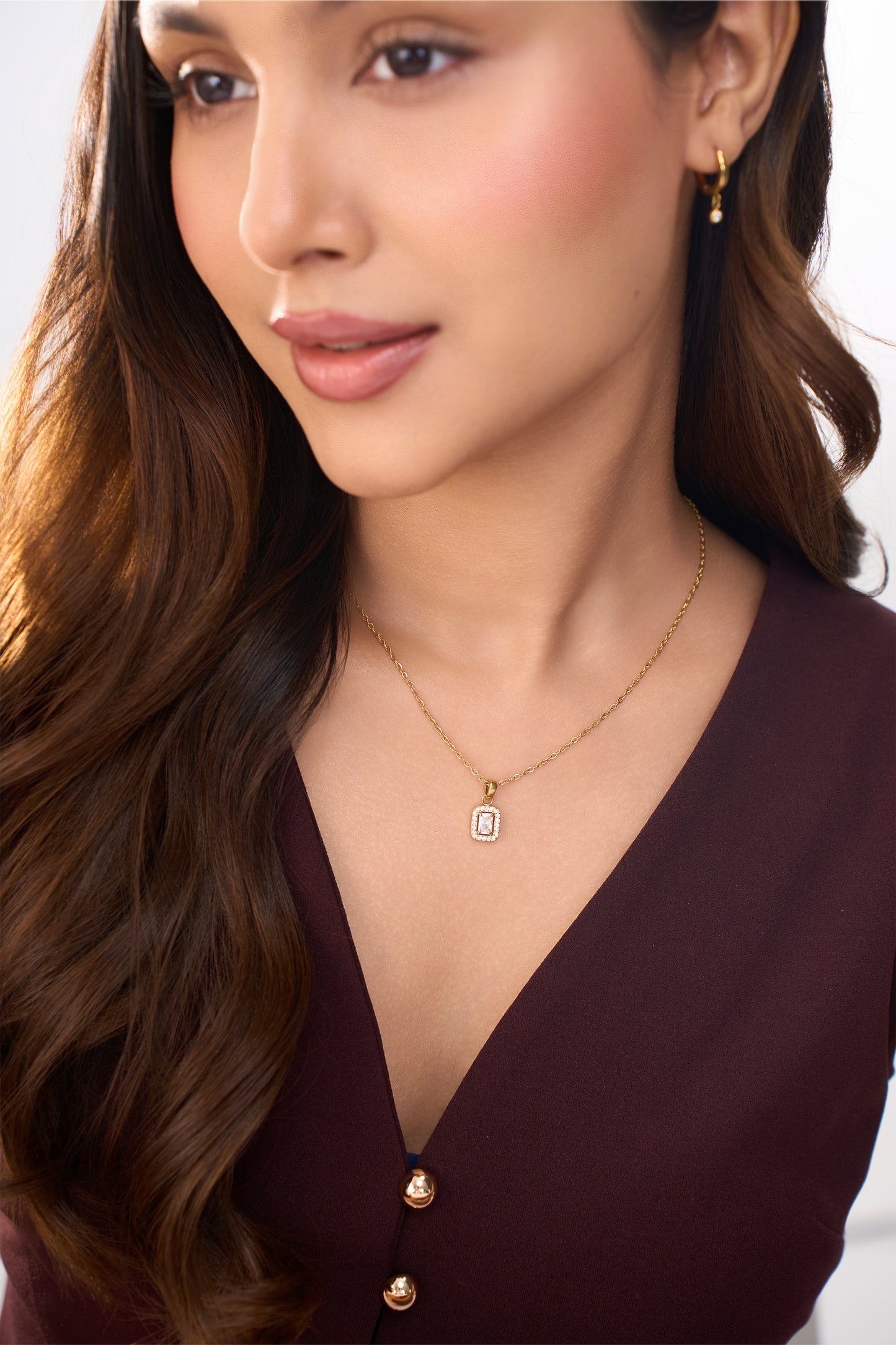 Rectangle Halo Diamond Necklace- 18K Gold Plated