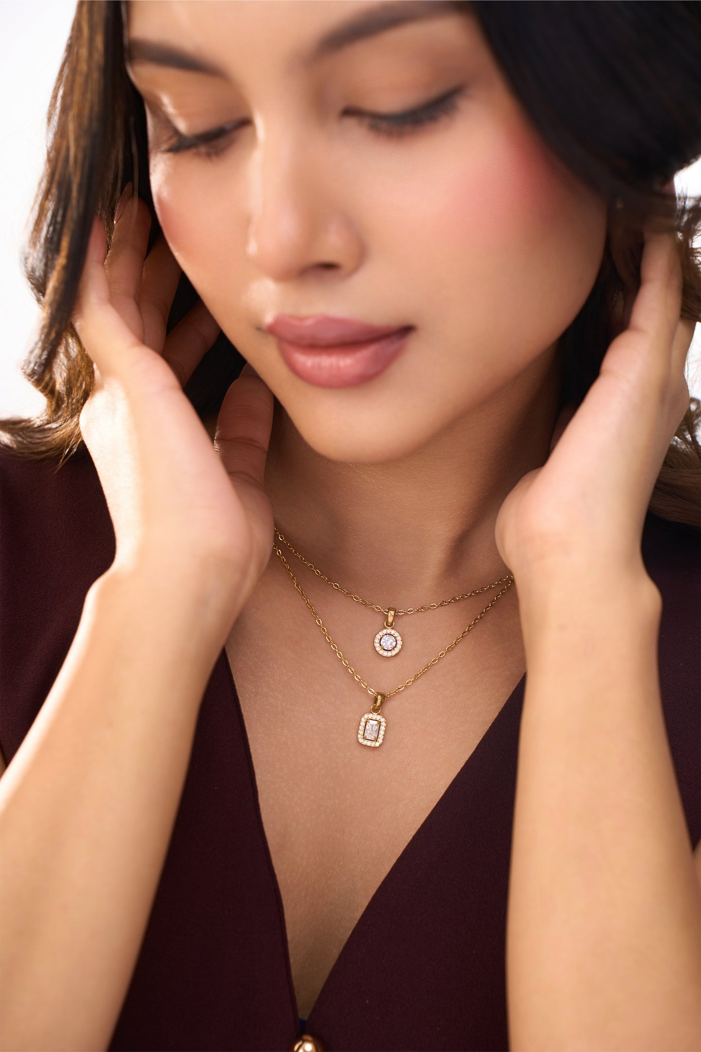 Rectangle Halo Diamond Necklace- 18K Gold Plated