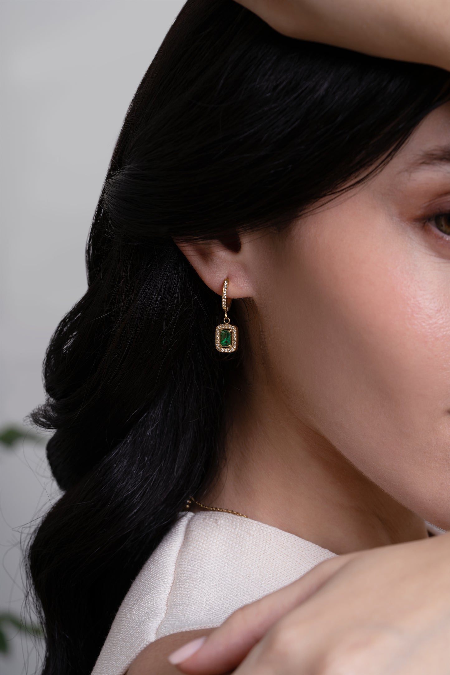 Emerald Rectangle Diamond Huggies - 18K Gold Plated