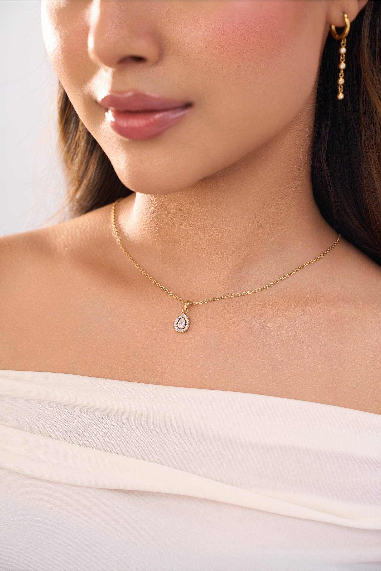 Pear Halo Diamond Necklace- 18K Gold Plated