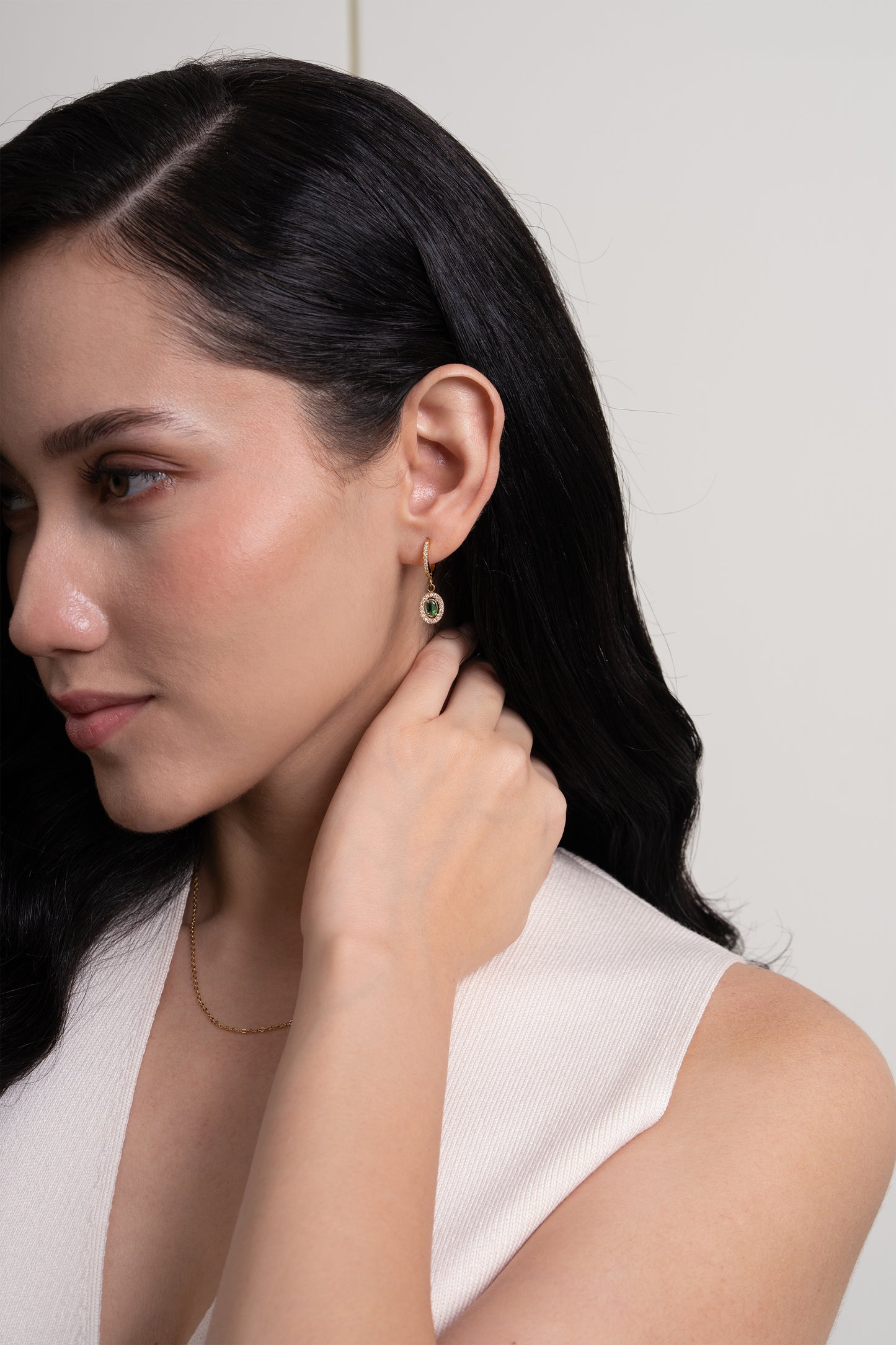 Emerald Oval Diamond Huggies - 18K Gold Plated