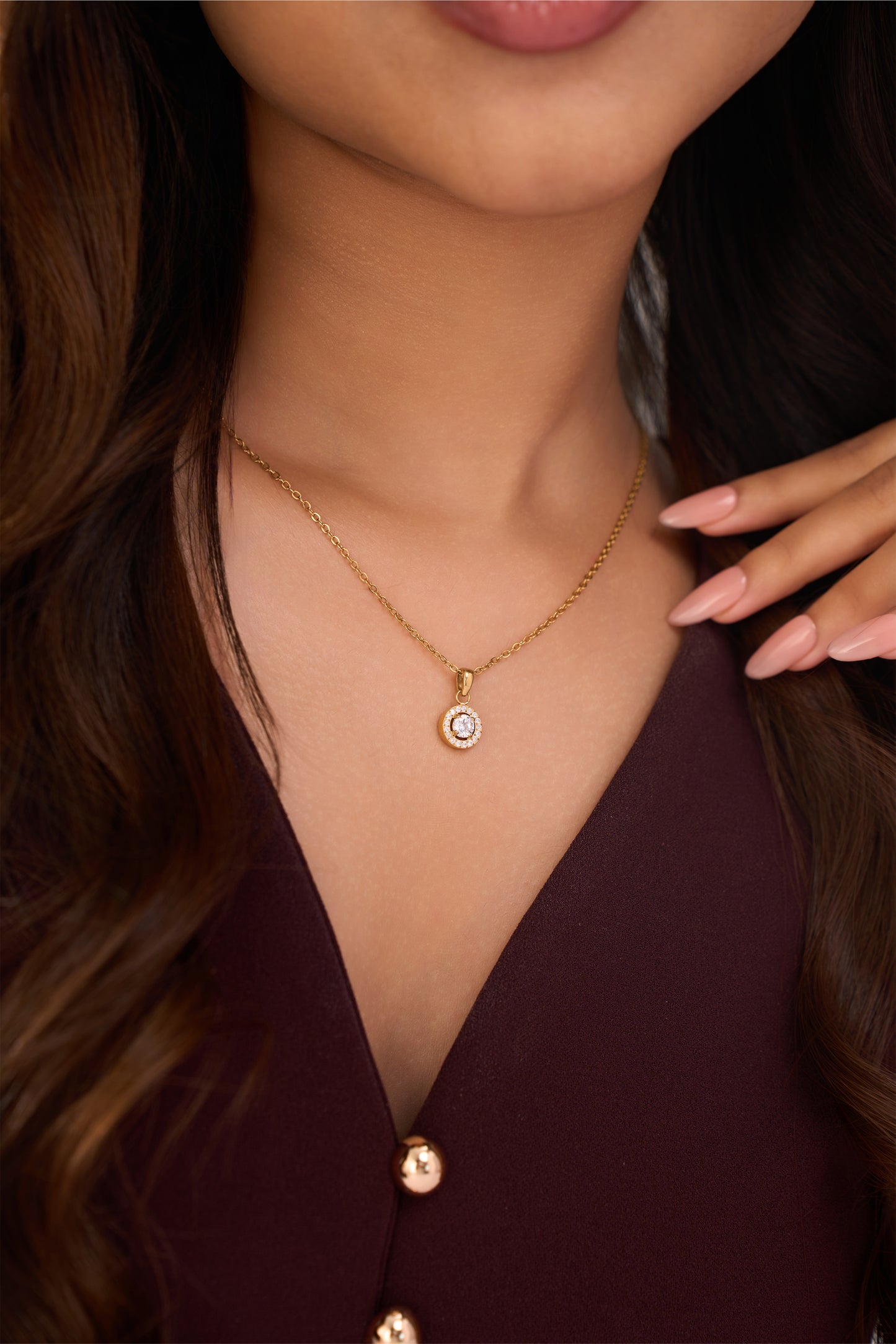 Circle Halo Diamond Necklace- 18K Gold Plated