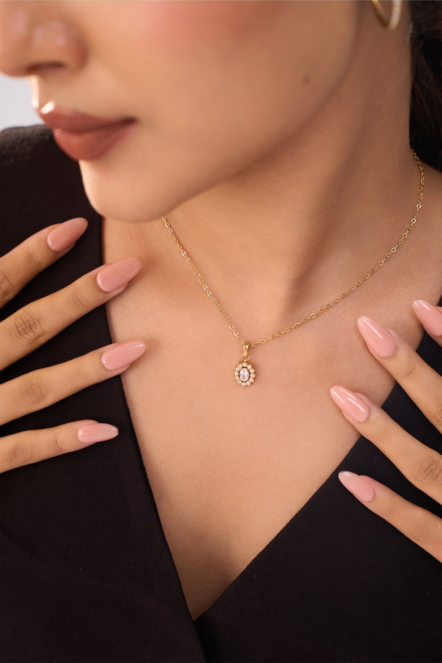 Zyra Halo Diamond Necklace- 18K Gold Plated