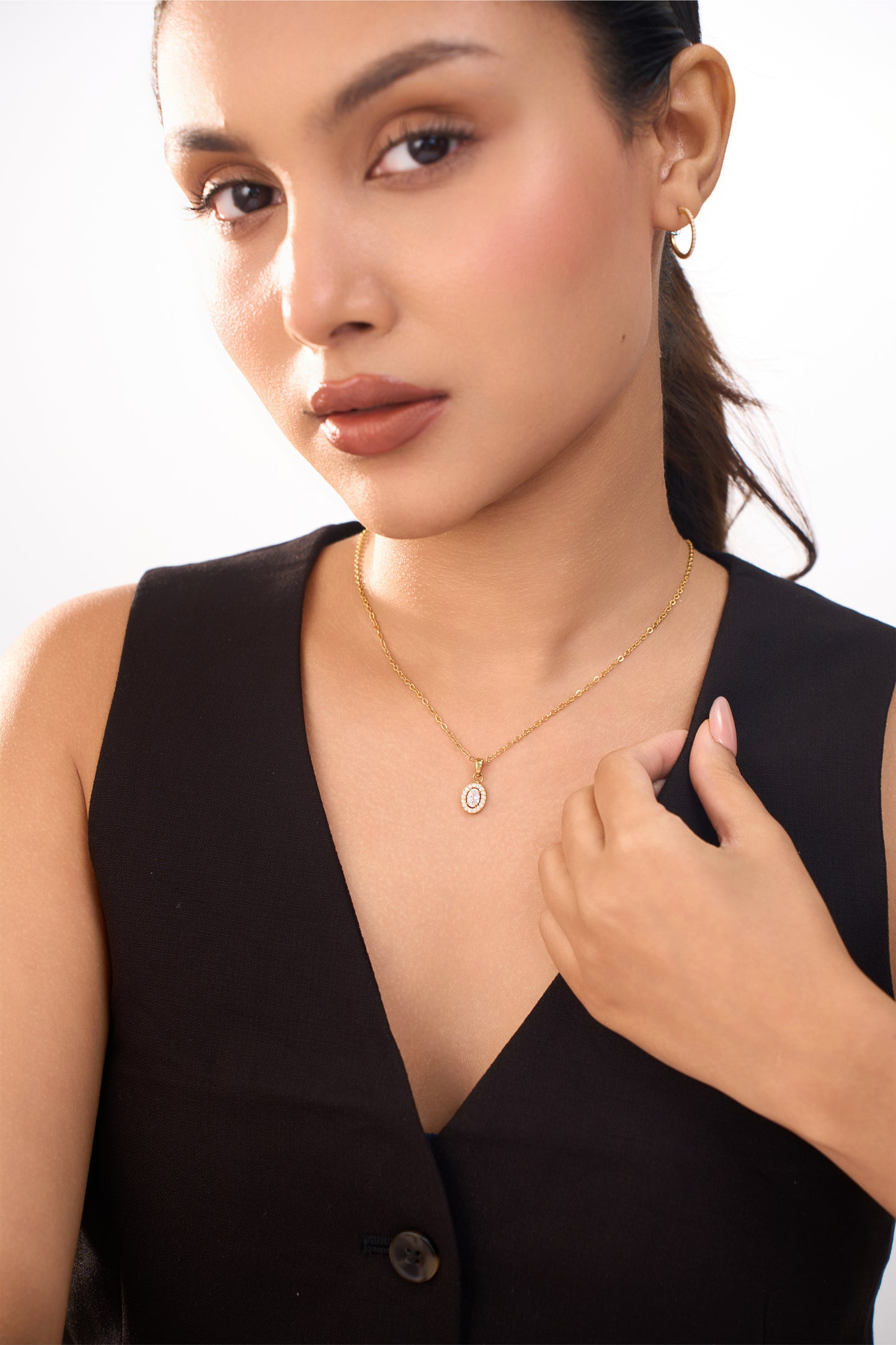 Oval Halo Diamond Necklace- 18K Gold Plated