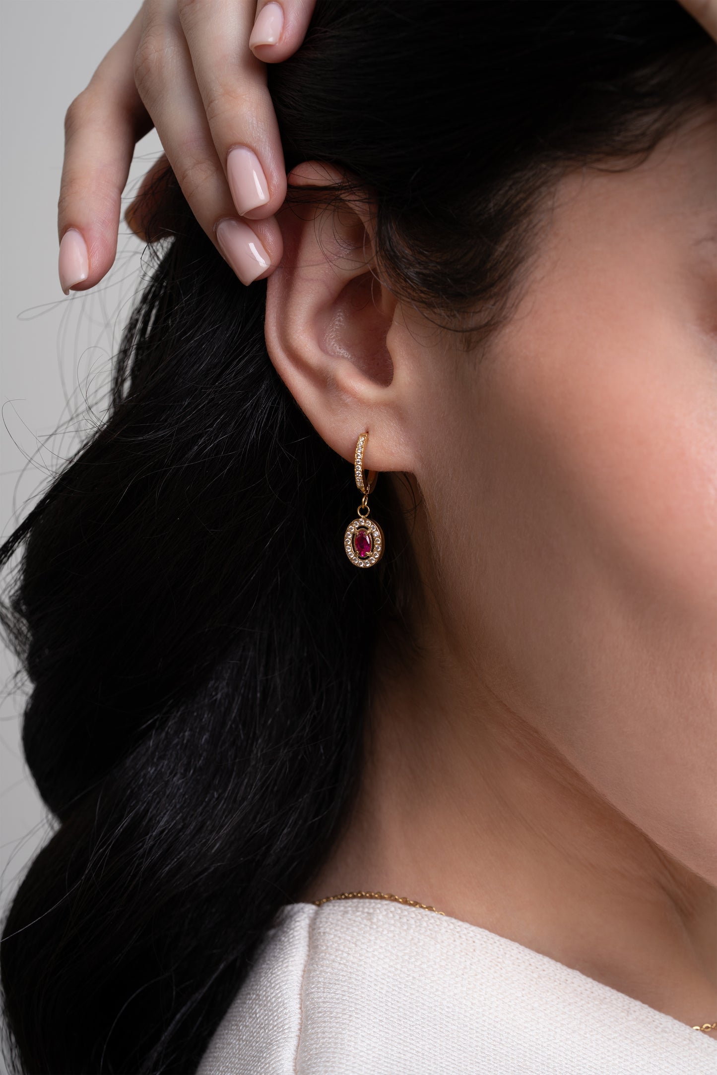 Ruby Oval Diamond Huggies - 18K Gold Plated
