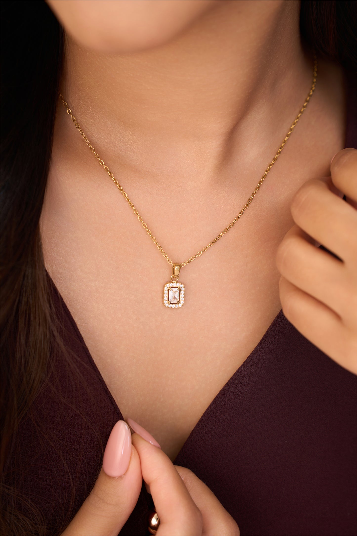 Rectangle Halo Diamond Necklace- 18K Gold Plated