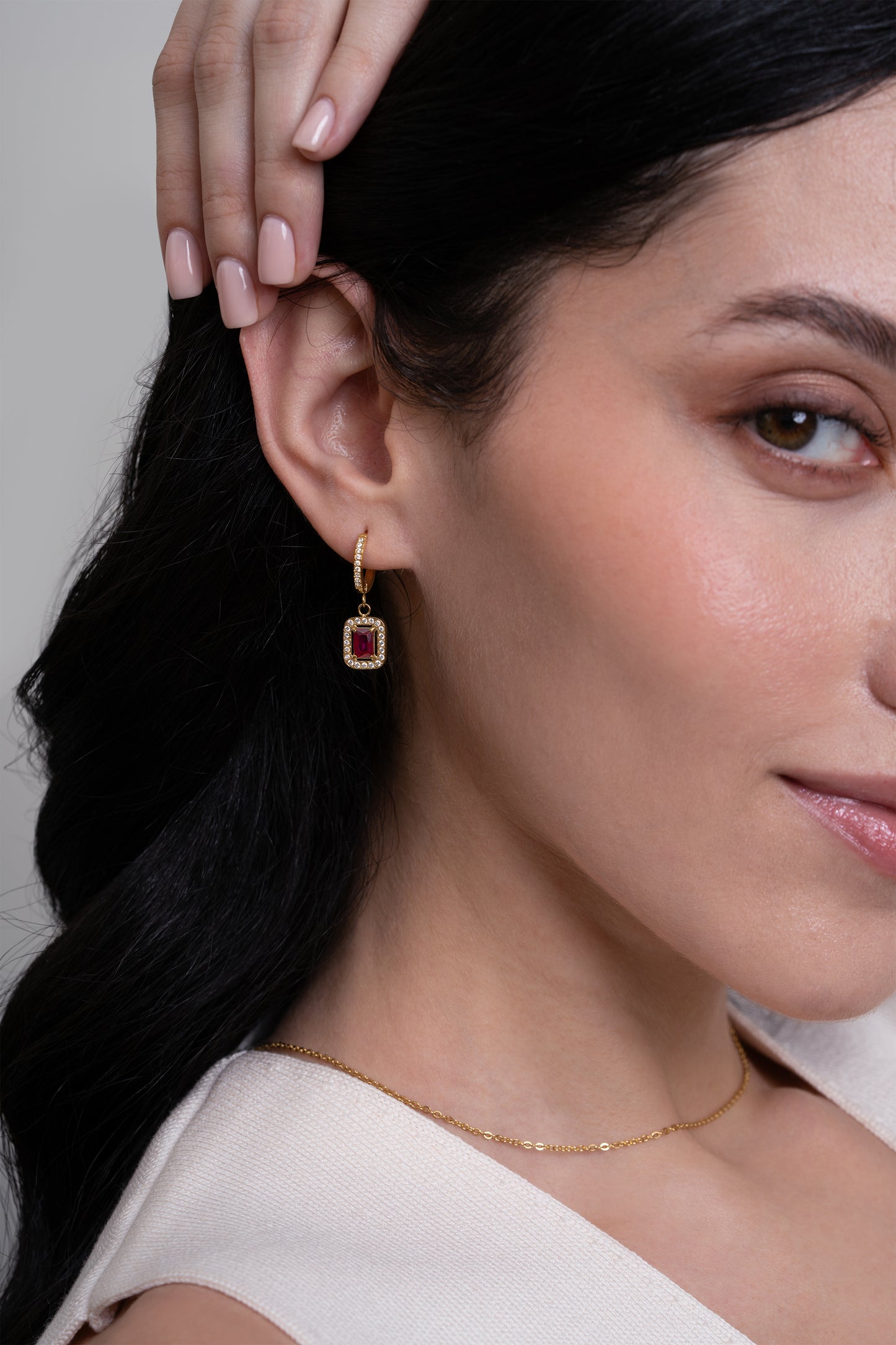 Ruby Rectangle Diamond Huggies - 18K Gold Plated