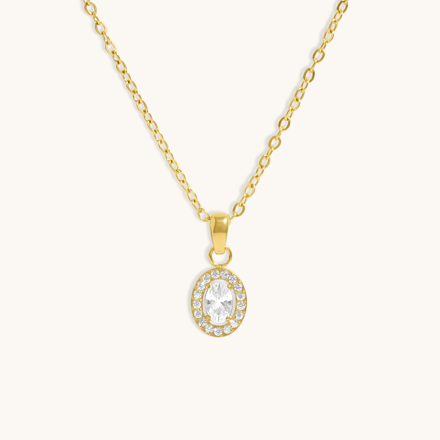 Oval Halo Diamond Necklace- 18K Gold Plated