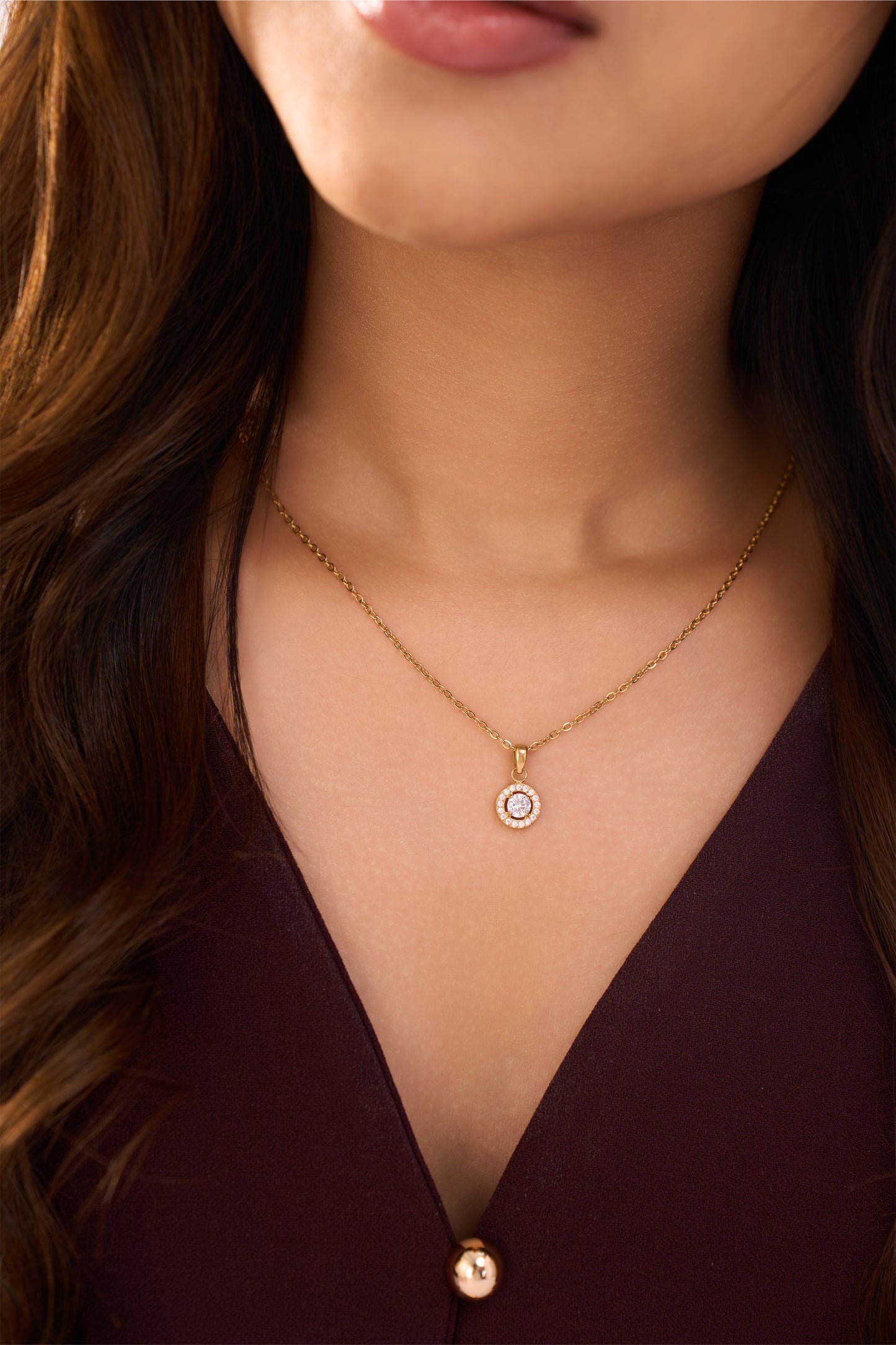 Circle Halo Diamond Necklace- 18K Gold Plated