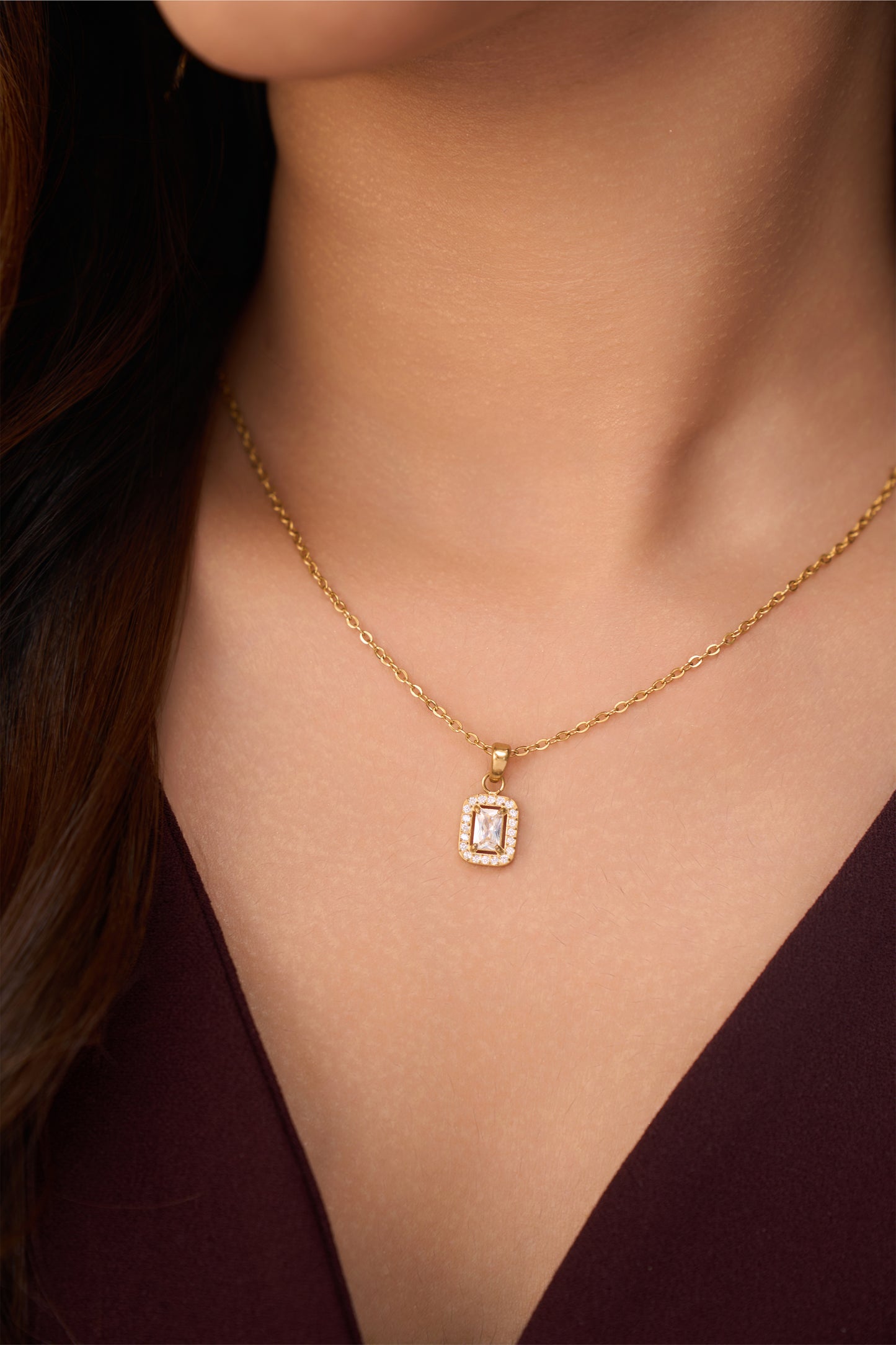 Rectangle Halo Diamond Necklace- 18K Gold Plated