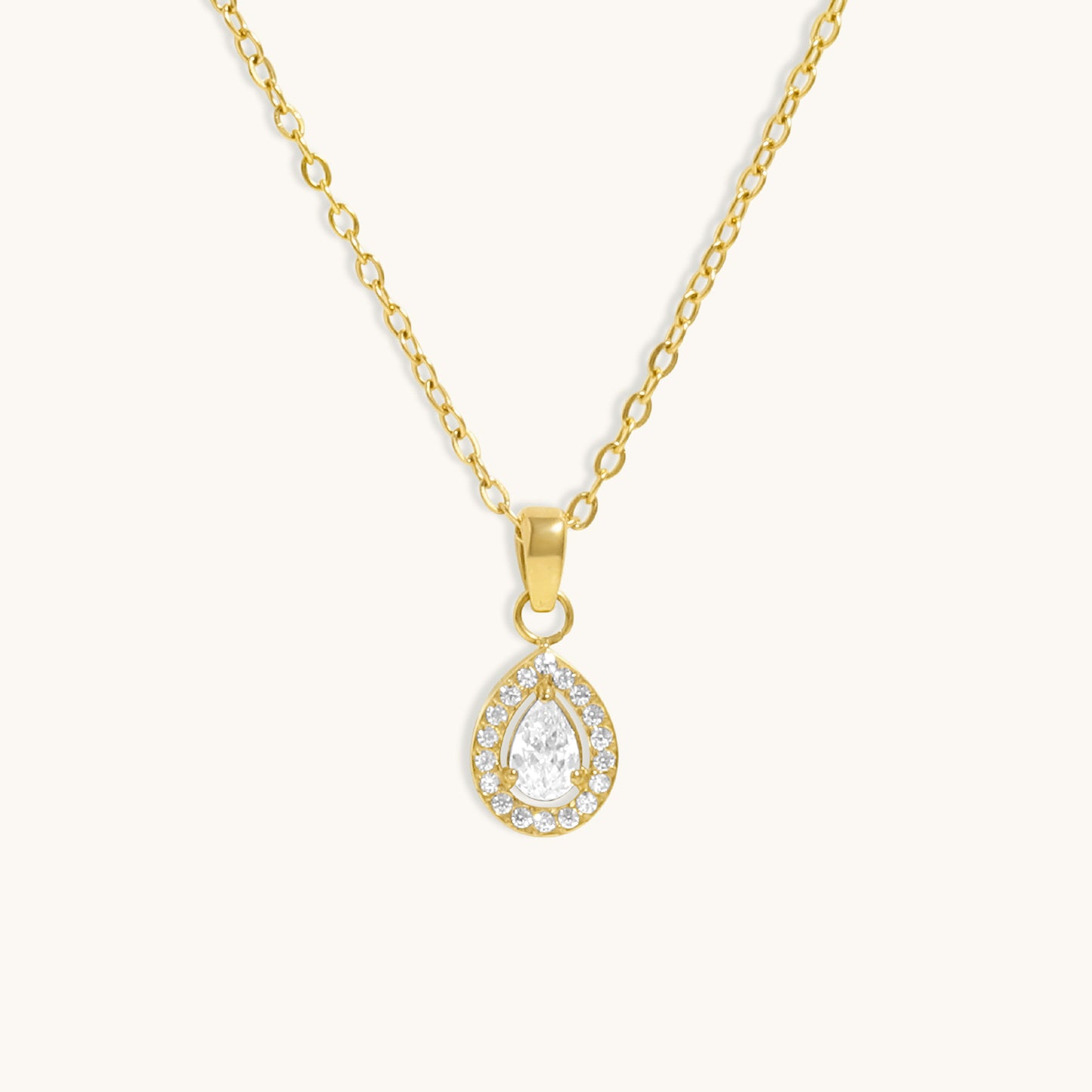 Pear Halo Diamond Necklace- 18K Gold Plated