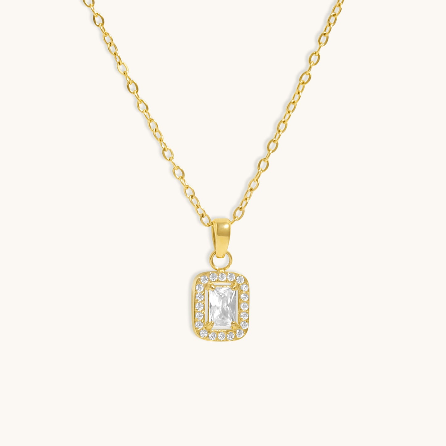 Rectangle Halo Diamond Necklace- 18K Gold Plated