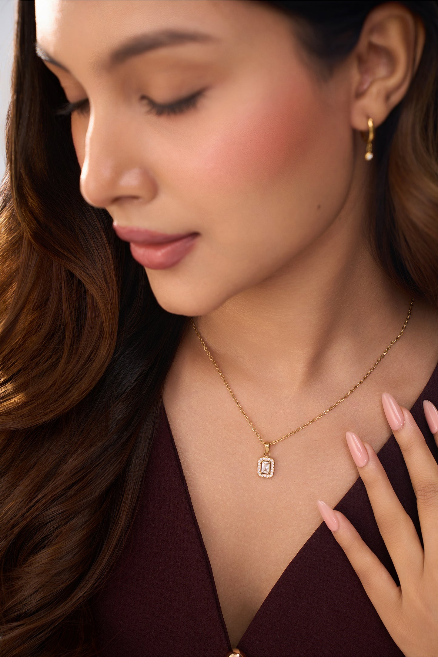 Rectangle Halo Diamond Necklace- 18K Gold Plated