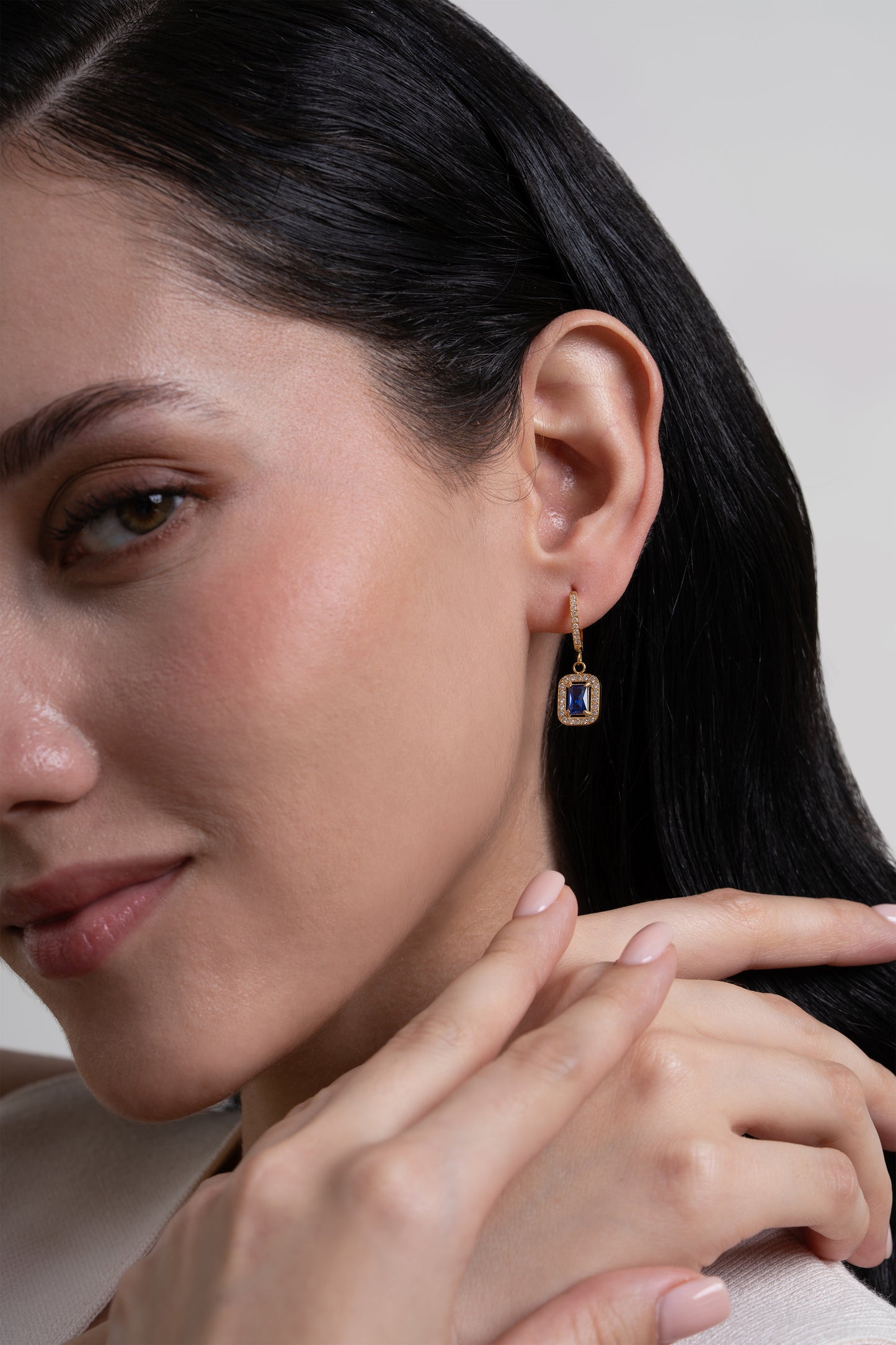 Sapphire Rectangle Diamond Huggies - 18K Gold Plated