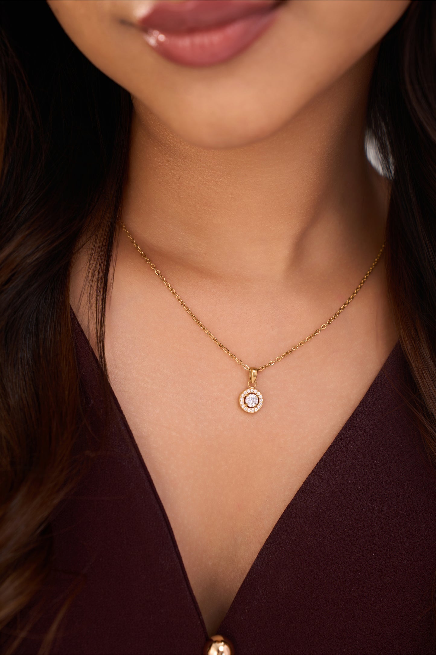 Circle Halo Diamond Necklace- 18K Gold Plated