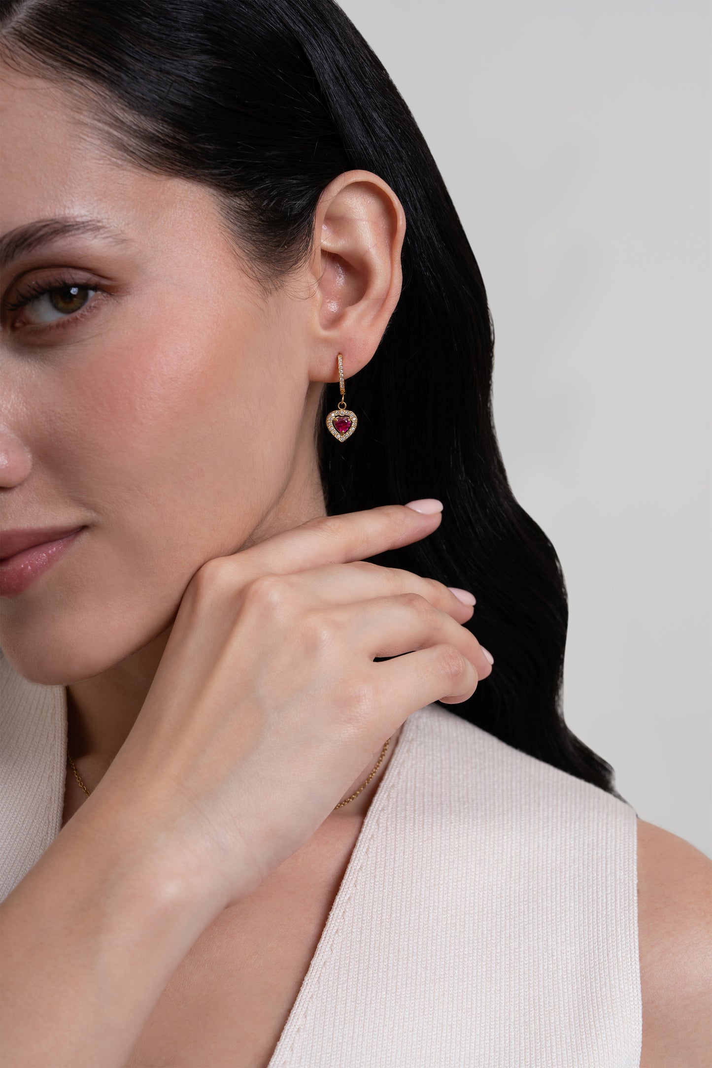 Ruby Heart Diamond Huggies - 18K Gold Plated