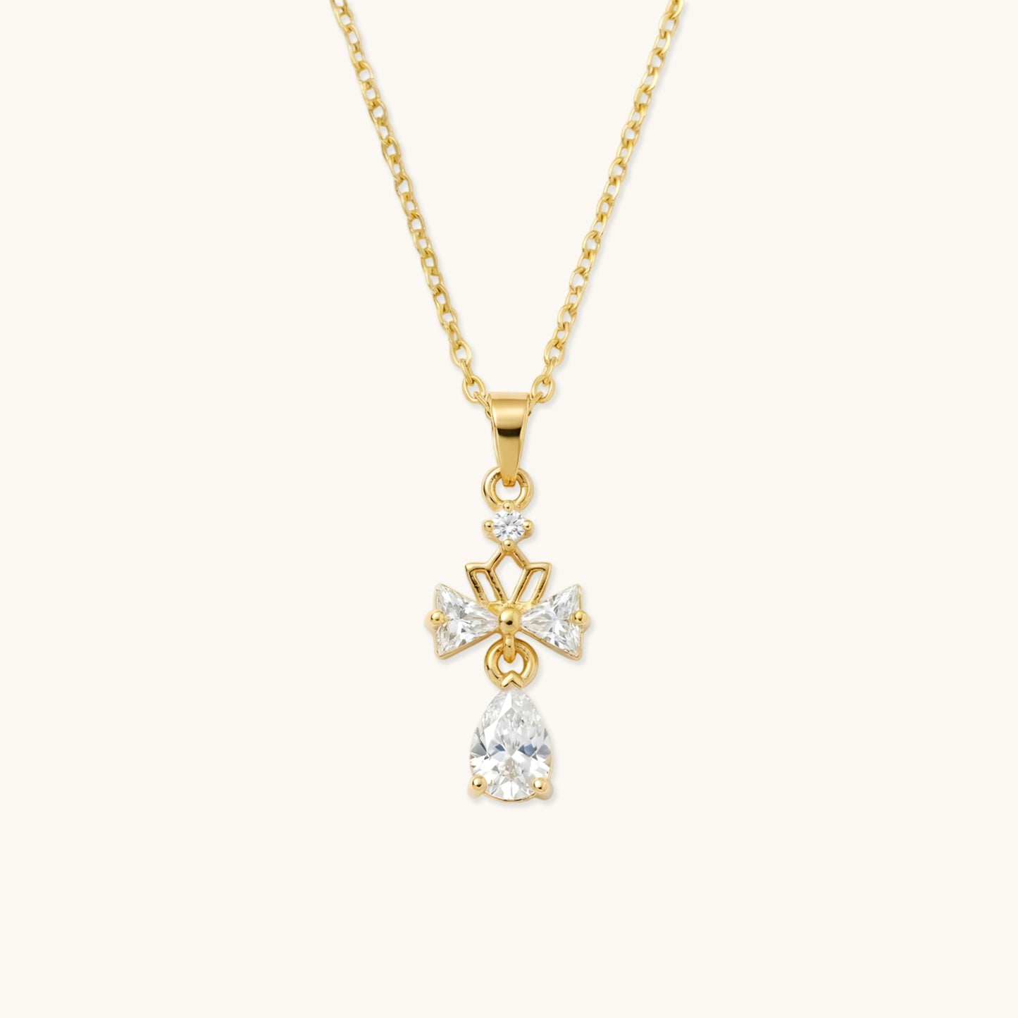 Crystal Bow Drop Necklace - 18k Gold Plated