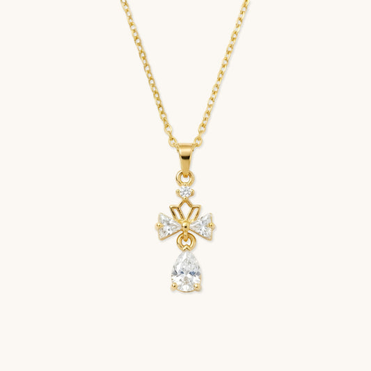Crystal Bow Drop Necklace - 18k Gold Plated
