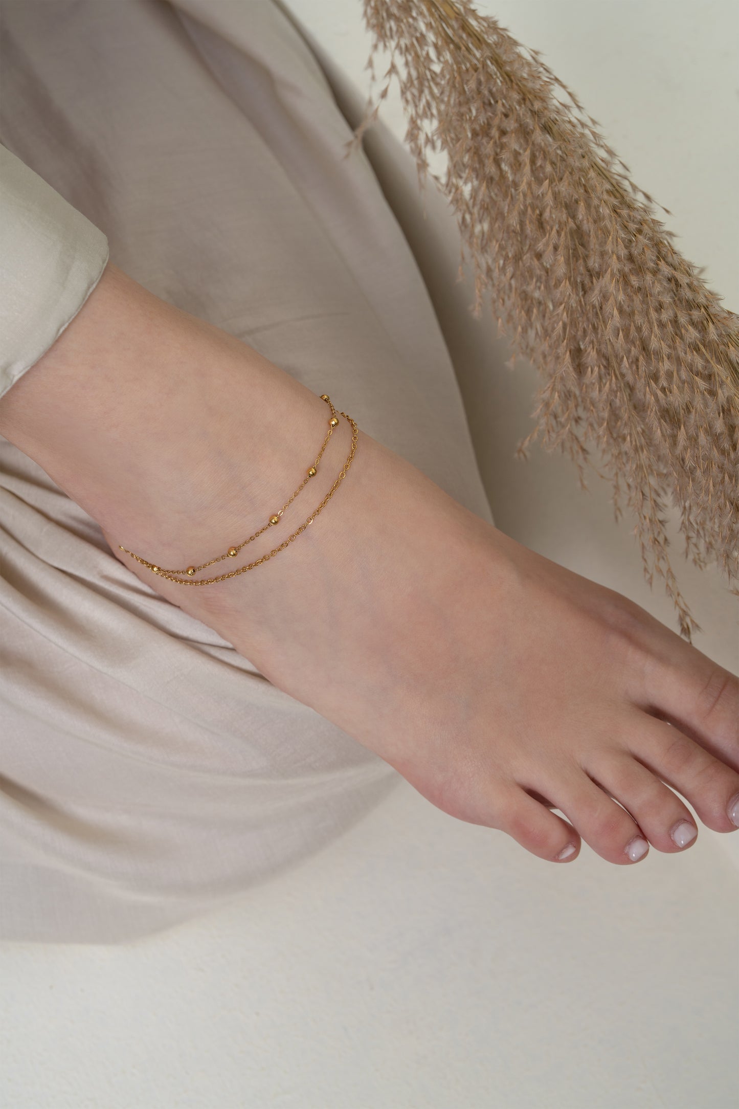 Beaded Double Layered Anklet - 18K Gold Plated