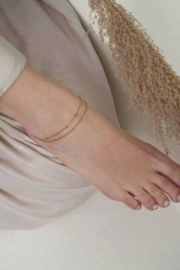 Beaded Double Layered Anklet - 18K Gold Plated
