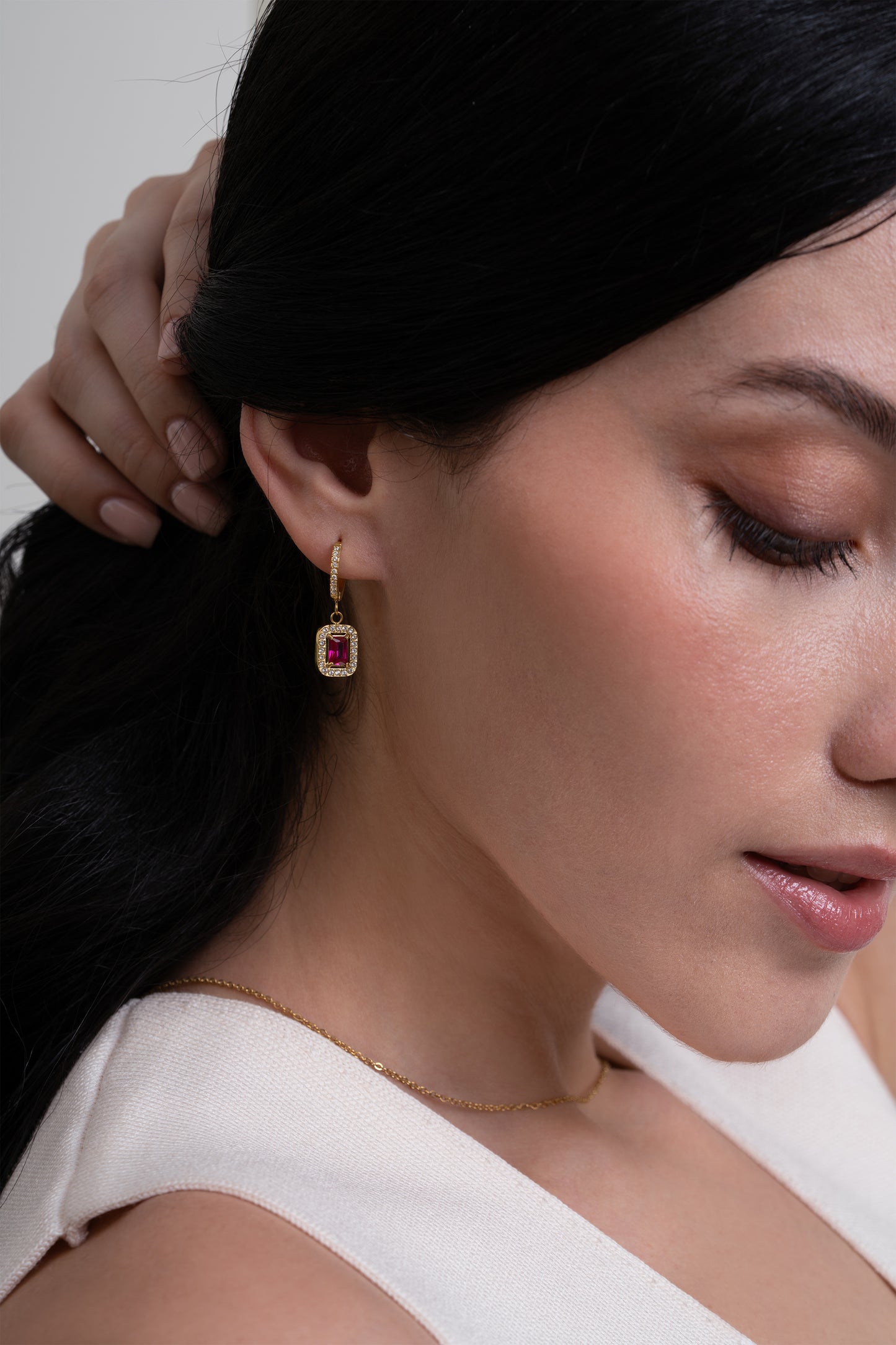 Ruby Rectangle Diamond Huggies - 18K Gold Plated
