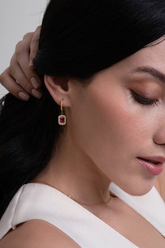 Ruby Rectangle Diamond Huggies - 18K Gold Plated