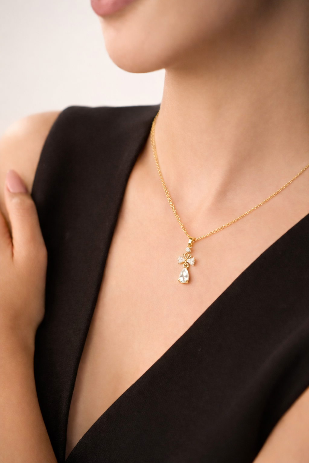 Crystal Bow Drop Necklace - 18k Gold Plated