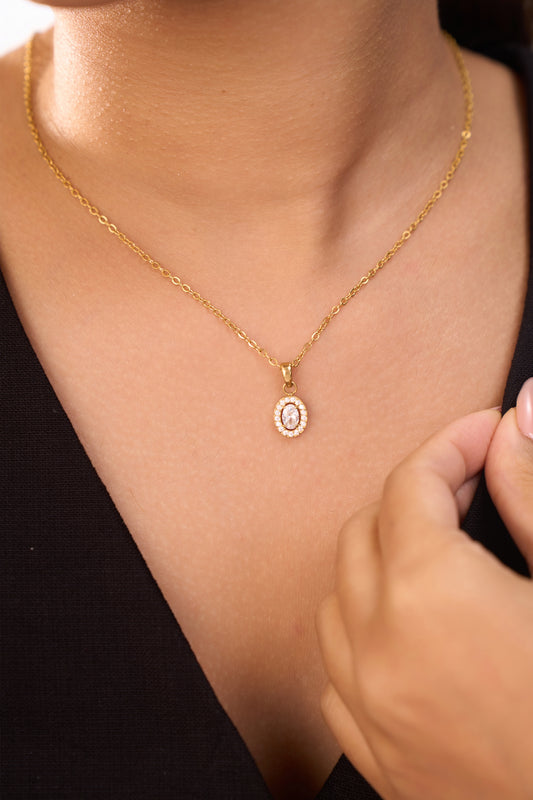 Oval Halo Diamond Necklace- 18K Gold Plated