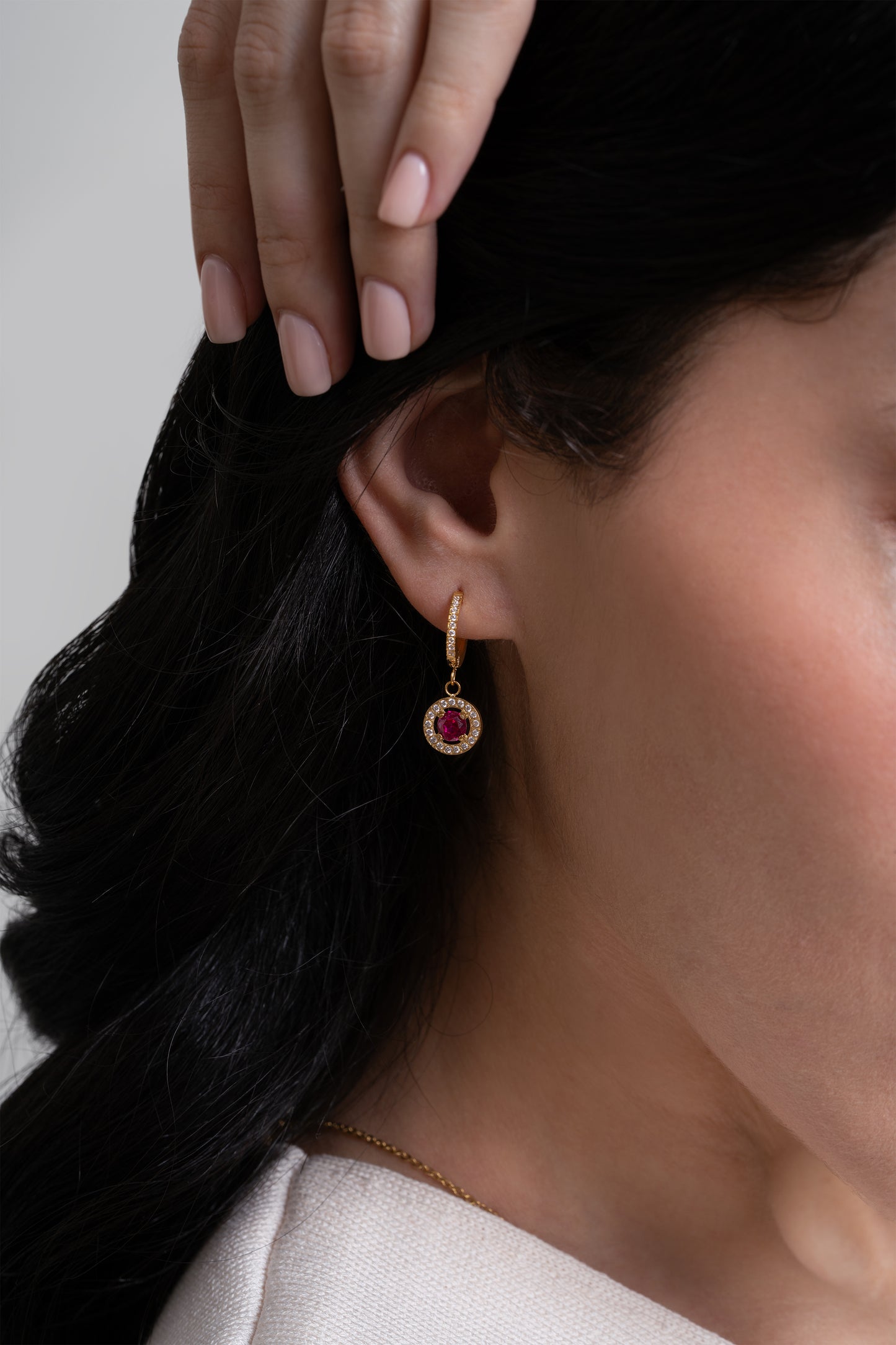 Ruby Circle Diamond Huggies - 18K Gold Plated