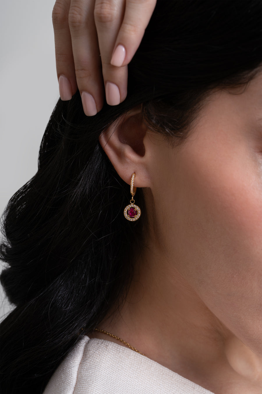 Ruby Circle Diamond Huggies - 18K Gold Plated image 3