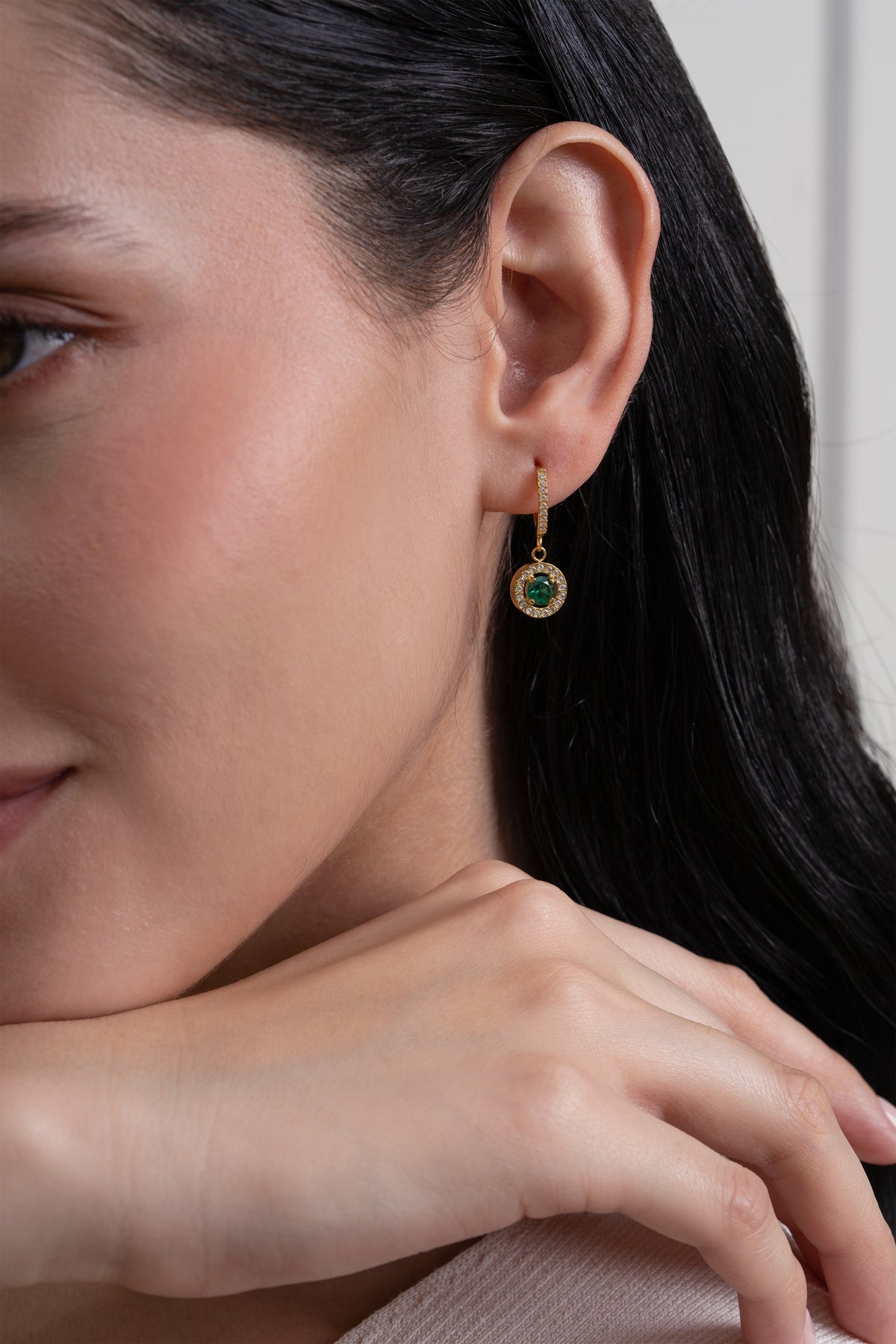 Emerald Circle Diamond Huggies - 18K Gold Plated image 2