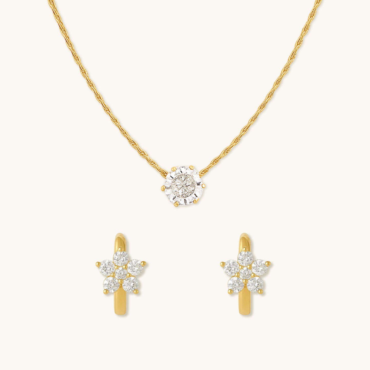 Dainty Diamond Necklace and Flower Huggies Combo Set - Special Value Offer
