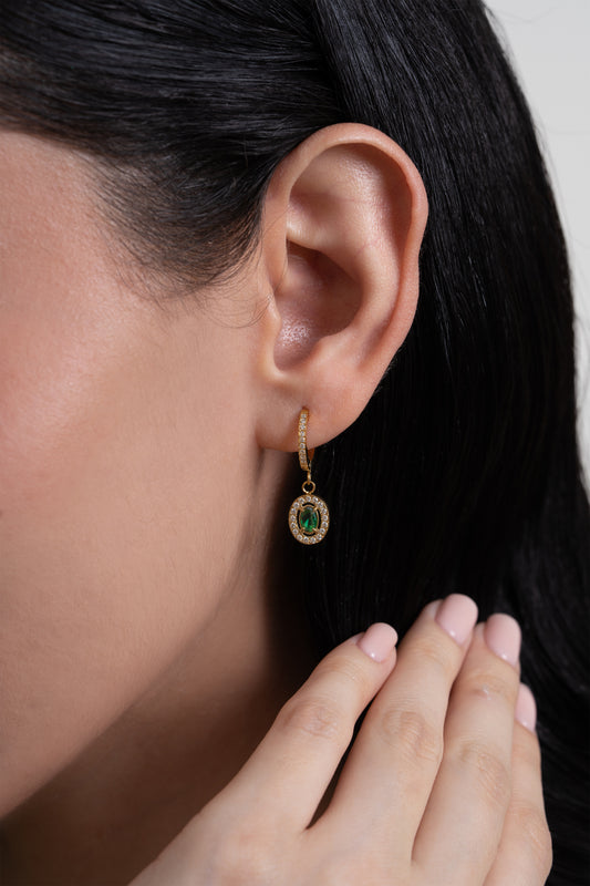 Emerald Oval Diamond Huggies - 18K Gold Plated