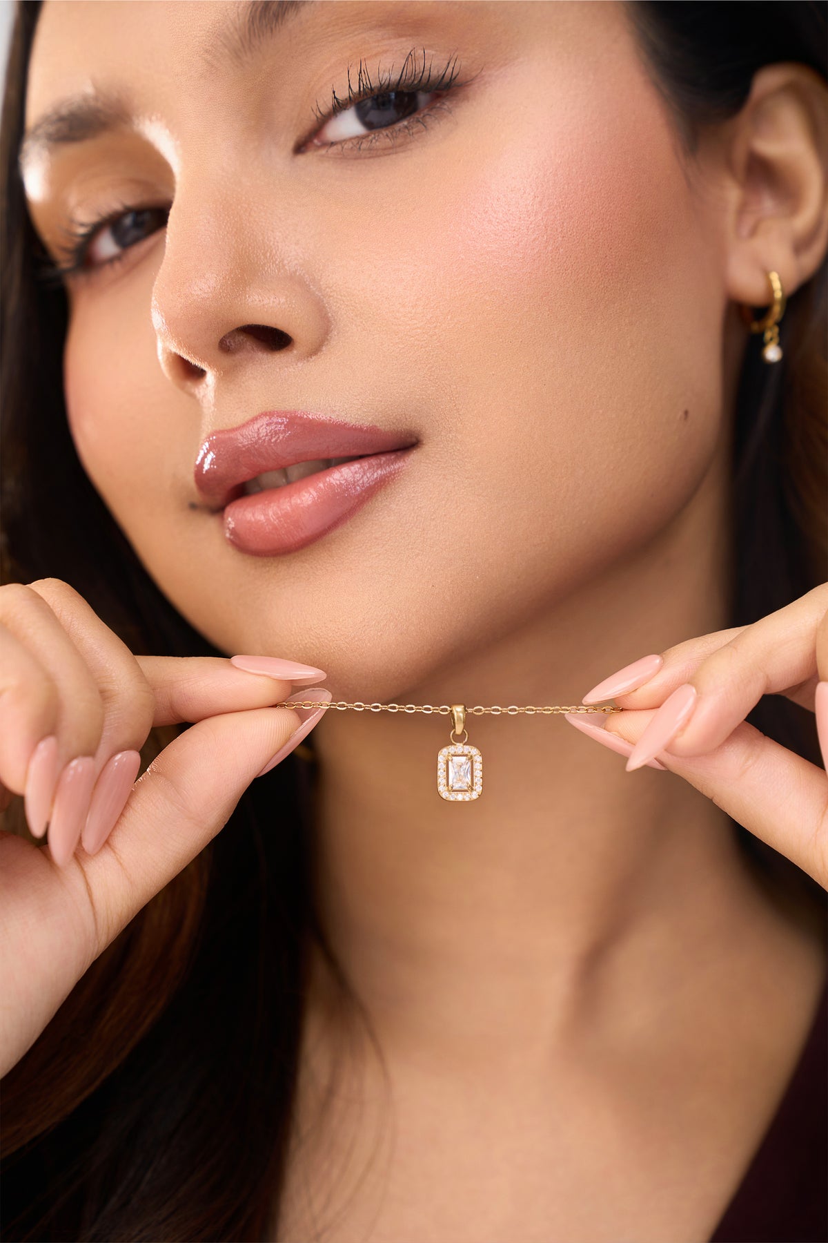 Rectangle Halo Diamond Necklace- 18K Gold Plated image 4