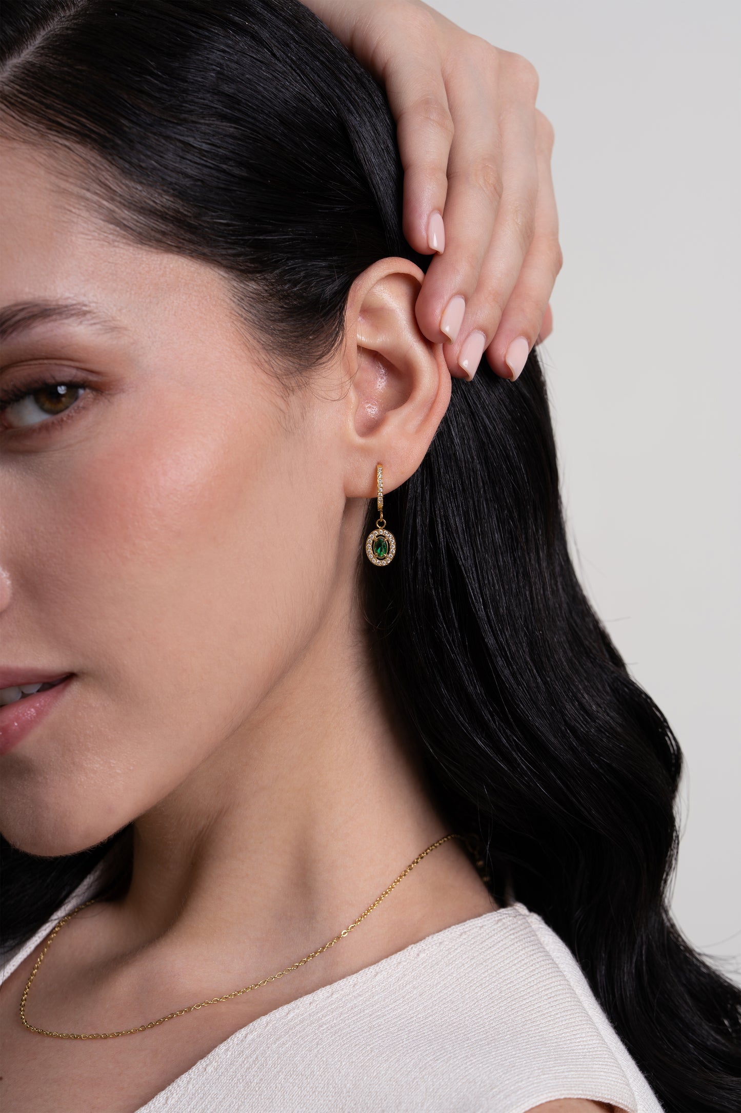 Emerald Oval Diamond Huggies - 18K Gold Plated