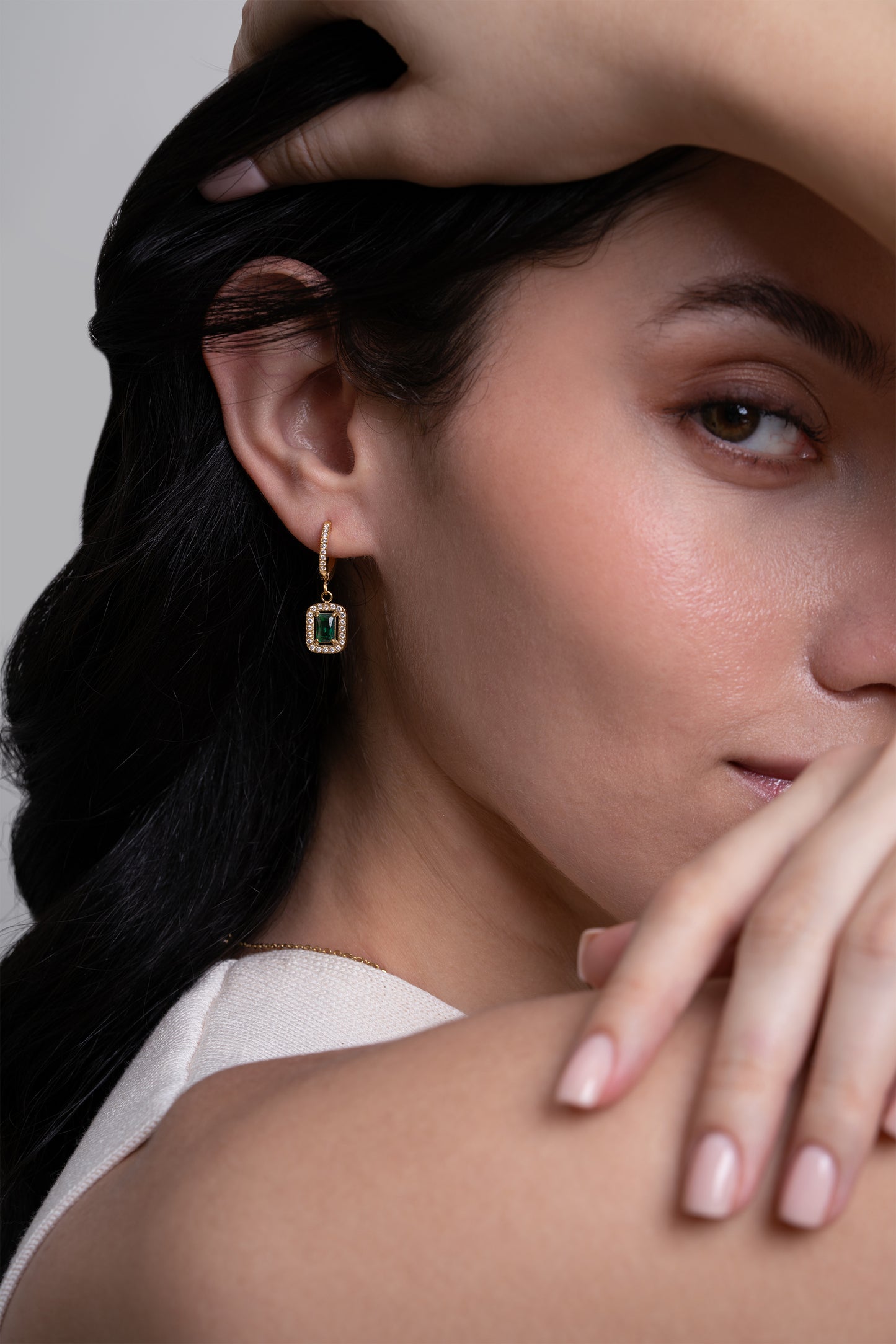 Emerald Rectangle Diamond Huggies - 18K Gold Plated