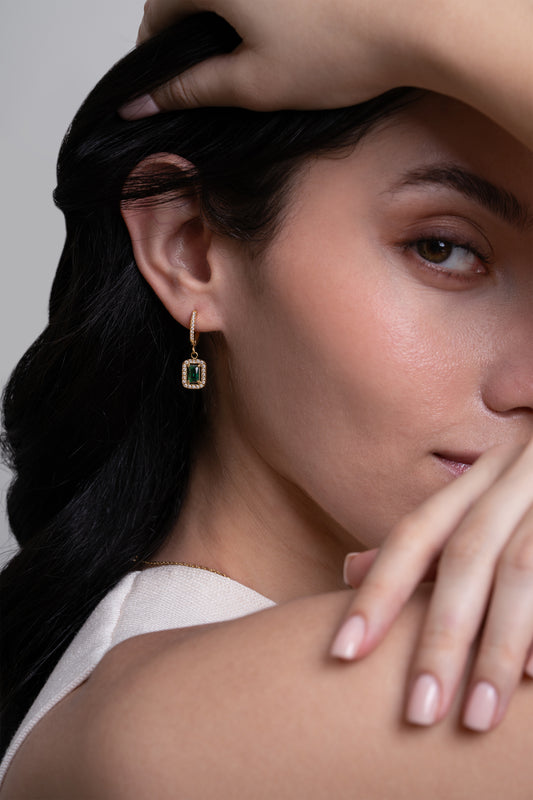 Emerald Rectangle Diamond Huggies - 18K Gold Plated