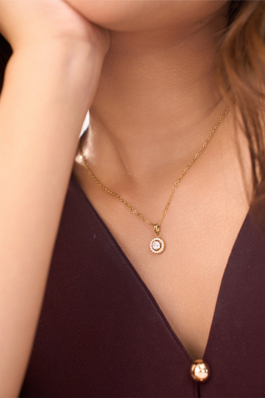 Circle Halo Diamond Necklace- 18K Gold Plated image 4