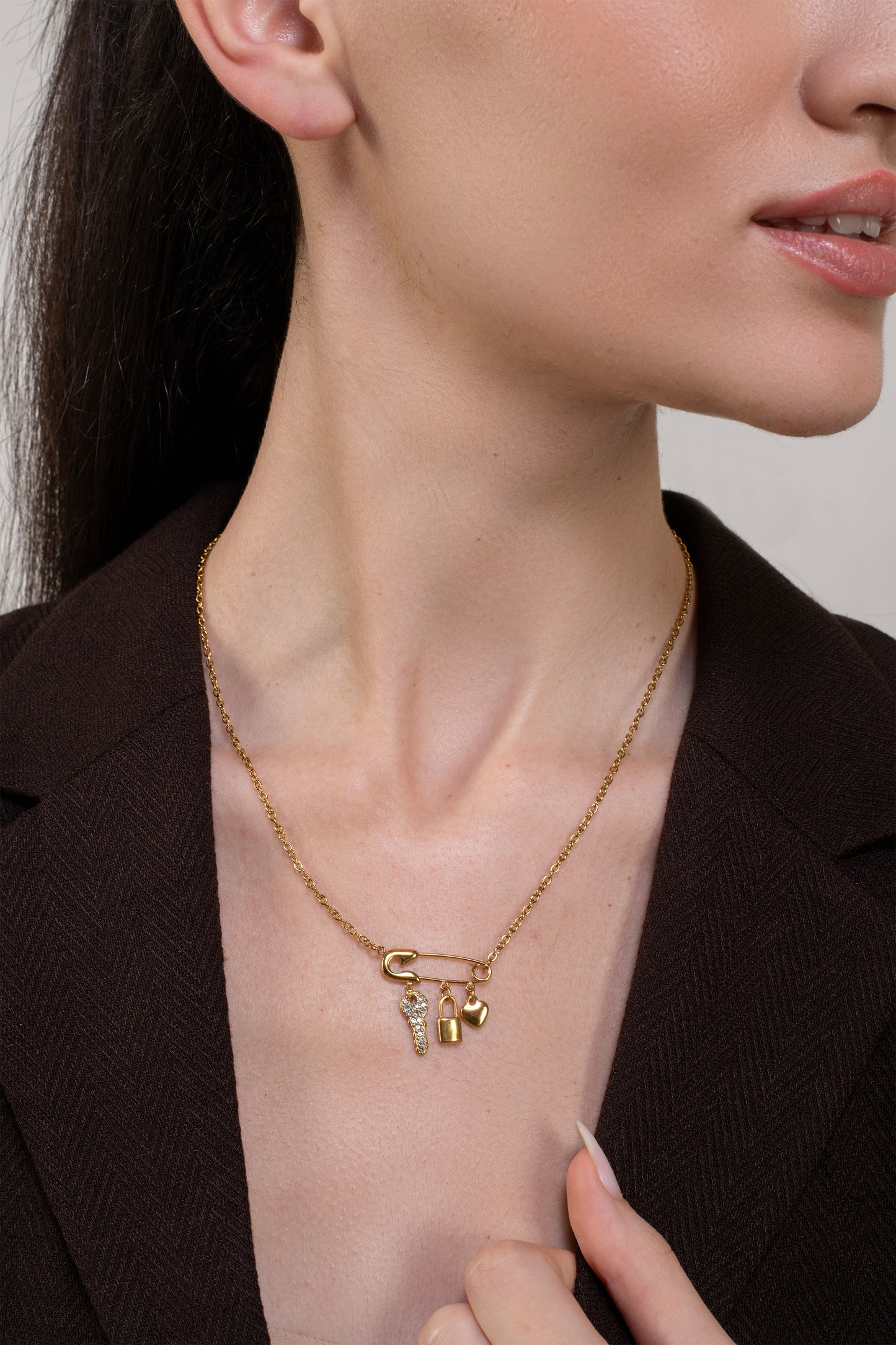 Safety Pin Charm Necklace - 18K Gold Plated