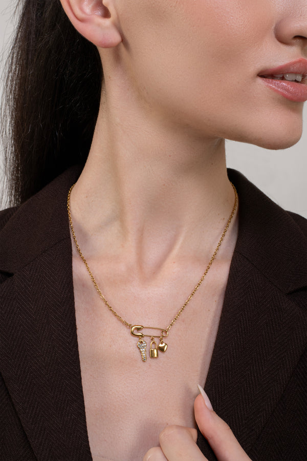Safety Pin Charm Necklace - 18K Gold Plated
