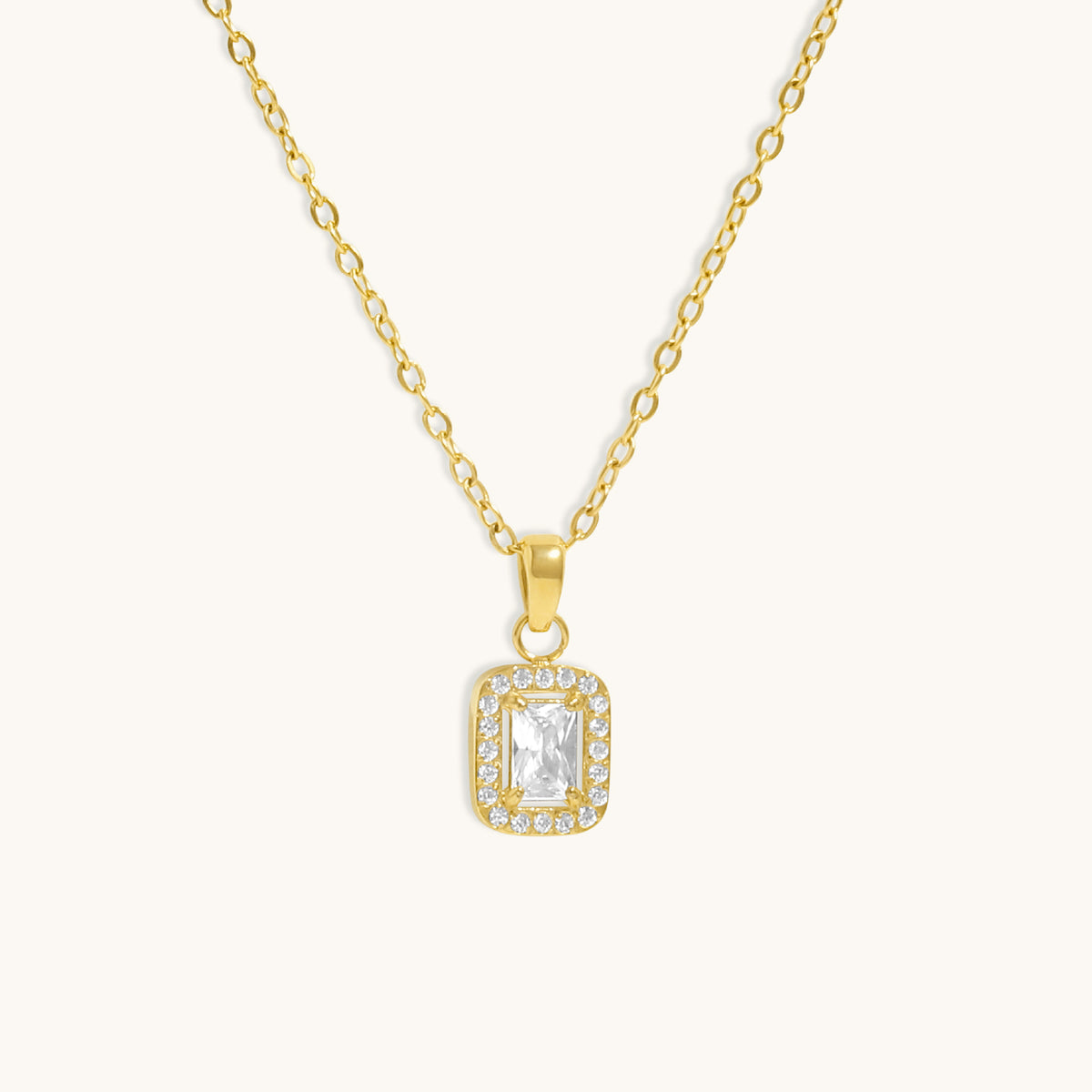 Rectangle Halo Diamond Necklace- 18K Gold Plated image 2