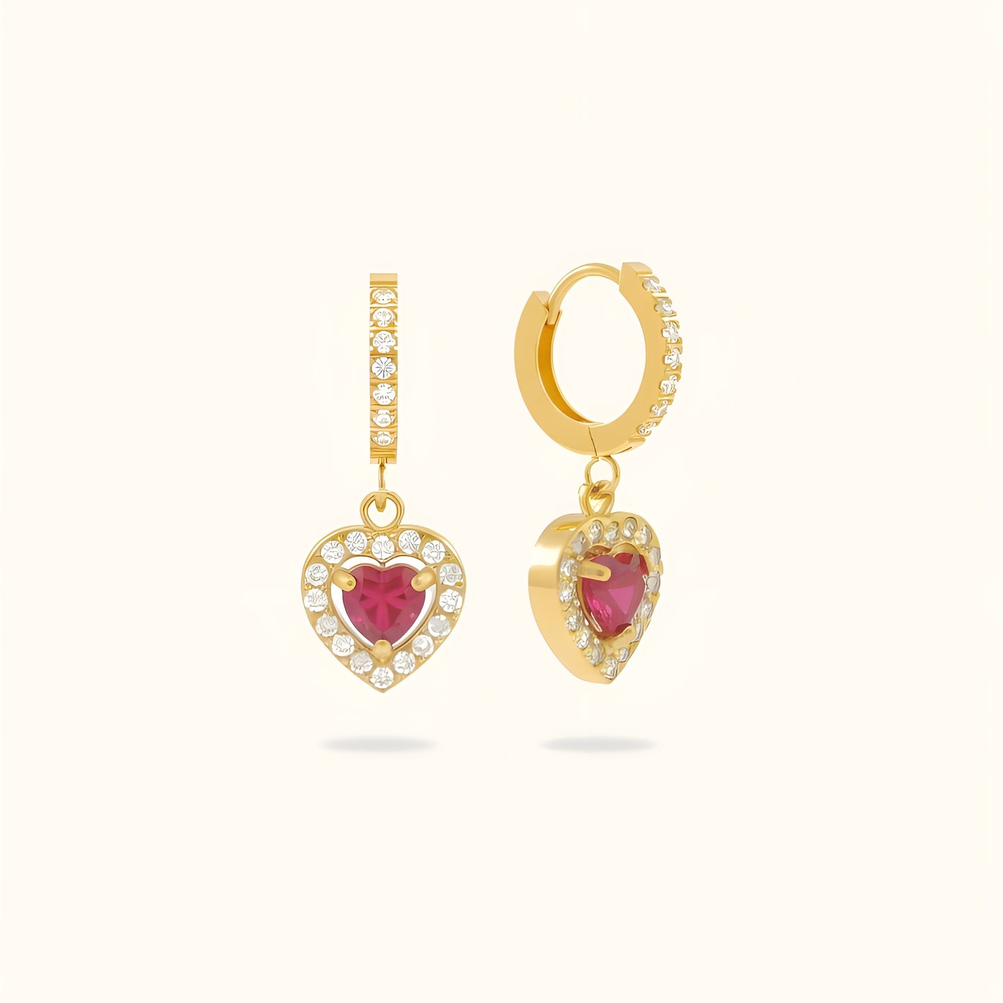 Ruby Heart Diamond Huggies - 18K Gold Plated