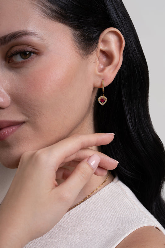 Ruby Heart Diamond Huggies - 18K Gold Plated